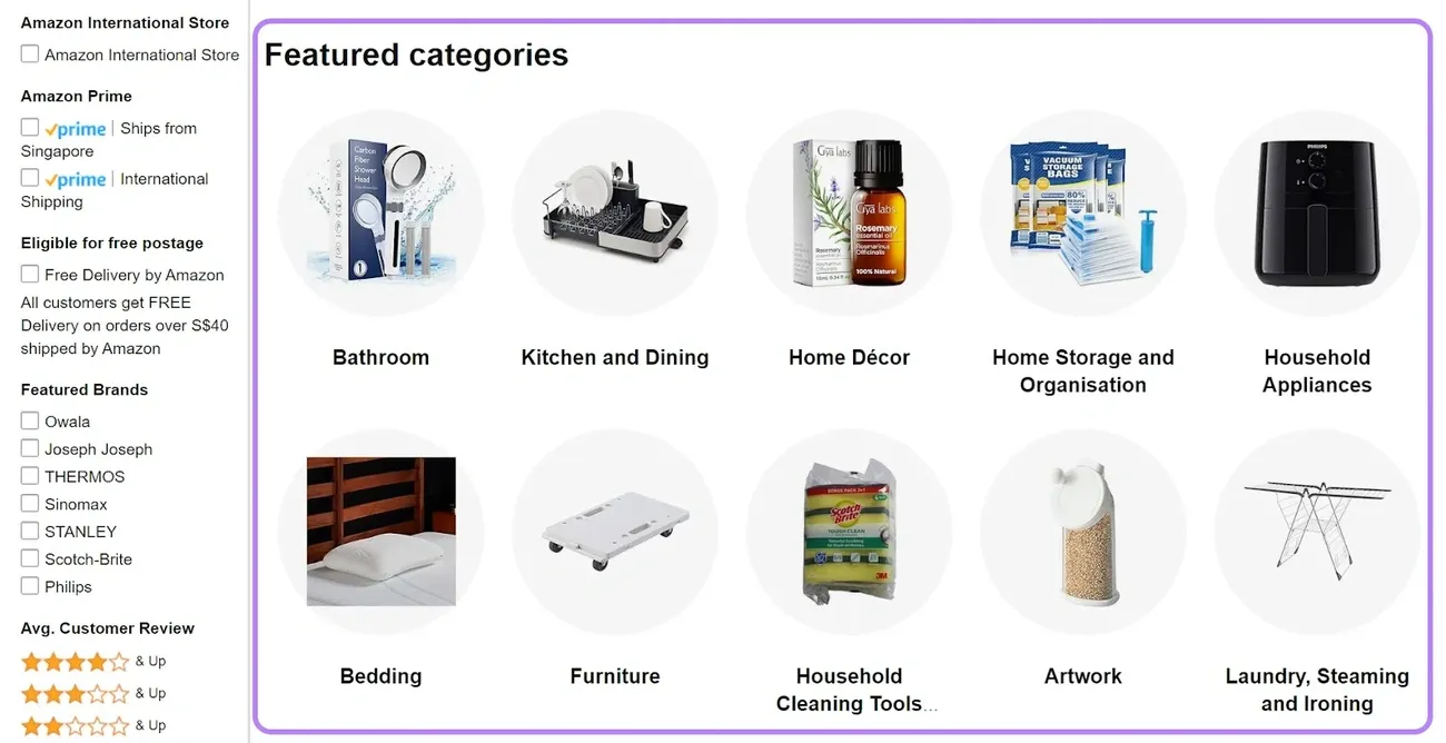 Amazon featured categories including bathroom, kitchen, home décor, storage, appliances, bedding, furniture, cleaning, artwork, and laundry items.