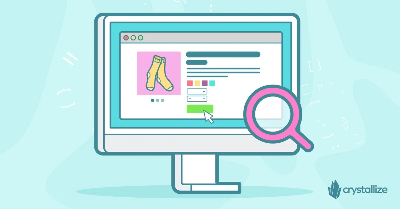 Illustration of an eCommerce product page on a computer screen with a magnifying glass highlighting SEO basics.